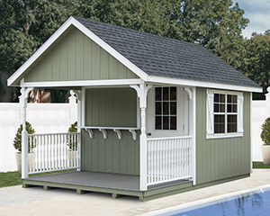 Cape Cod Style Poolside Snack Shed with bar window built by Pine Creek Structures