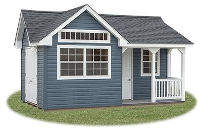 Customized victorian deluxe storage shed with vinyl siding and porch built by Pine Creek Structures