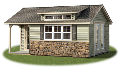 12 x 20 Custom Vinyl Cape Cod Storage Shed with corner porch, cape dormer, and stonework