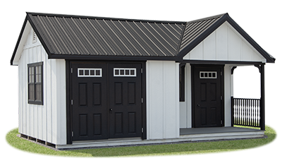 Customized victorian deluxe storage shed with LP Board N Batten siding and a porch built by Pine Creek Structures