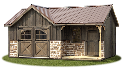 Customized victorian deluxe storage shed with board and batten siding built by Pine Creek Structures