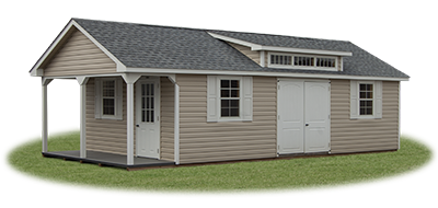 14x30 Custom Cape Cod Style Storage Shed with Vinyl siding, porch, and capr dormer