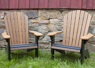 Two Adirondack Chairs At Barn in Black and Antique Mahogany Poly