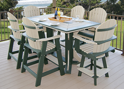 Rectangle Pub Table and Six Fanback Pub Chairs (Two Swivel Style) in Birchwood Turf Green Poly Lumber On Deck