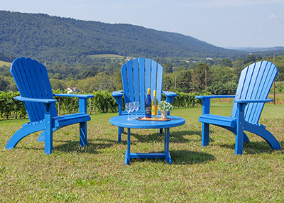 Three Blue Poly Raised Adirondack Chairs and A Chat Table