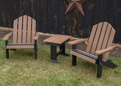 Two Child Size Adirondack Chairs and Child Size Side Table in Black and Antique Mahogany Poly Lumber