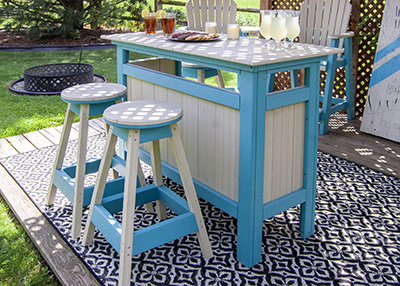 Poly Bar and Two Bar Stools in Driftwood and Aruba Blue Poly Lumber