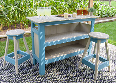 Driftwood and Aruba Blue Poly Bar with Shelves (Back view) and Two Stools