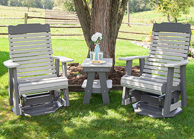 2 Contoured Swivel Gliders and Two Tier Table in Light Grey and Dark Grey Poly Lumber