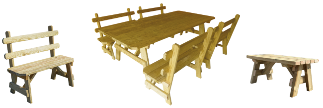 Pine Creek Structures Outdoor Patio Furniture - Wooden Picnic Table & Separate Benches with and without Backs