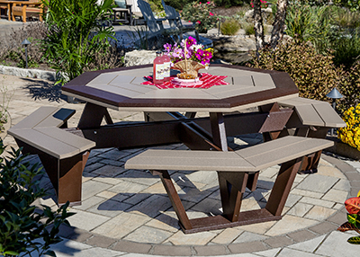 Octagon Picnic Table in Weatherwood and Milwaukee Brown Poly Lumber