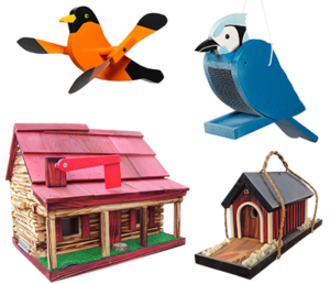 Mailbox, Whirly Bird, Bird shaped bird feeder, and covered bridge birdhouse Outdoor Décor from Pine Creek Structures