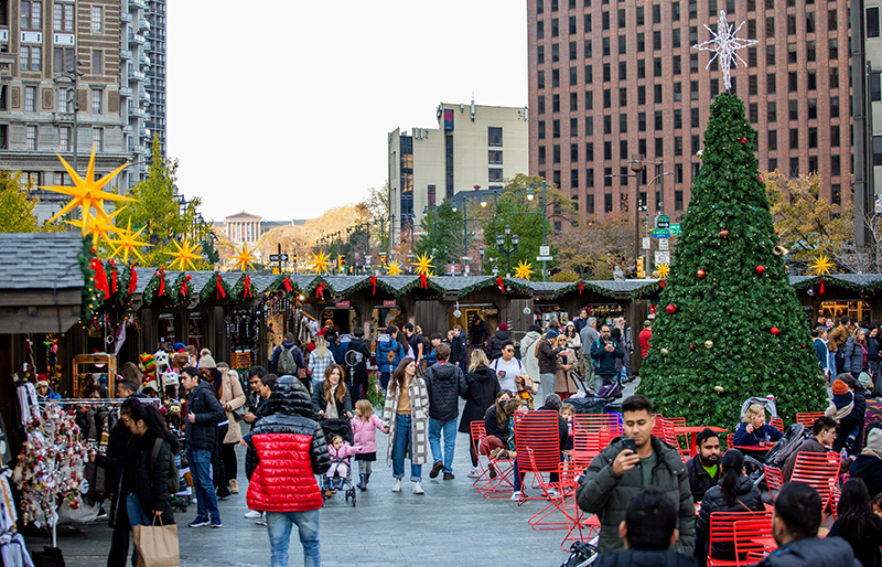 Rustic Board N Batten Custom Storage Shed Vendor Units Being Used At A Philadelphia Christmas Village