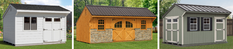 Cottage shed with Tamko Single Roof, Carriage House Shed with Corrugated Metal Roof, and Cottage Shed with Standing Seam Metal Roof