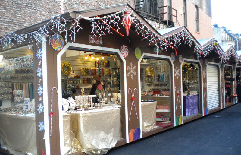 Brown LP Custom Storage Shed Vendor Units Being Used At A New York City Christmas Village