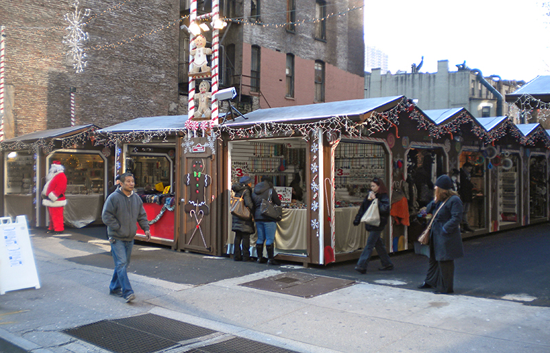 Brown LP Custom Storage Shed Vendor Units Being Used At A New York City Christmas Village