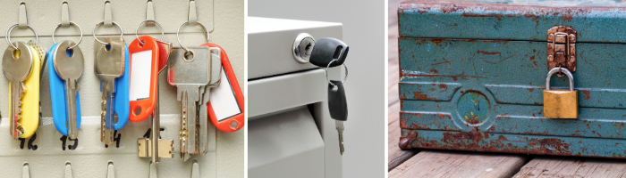 Images Illustrating Storage Shed Security Tip #6: Consider Internal Security Measures (collage of hanging keys, filing cabinet lock, and lock on tool box)