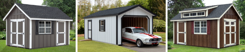 Collage of three storage shed and garage buildings with LP Board N Batten siding in various color schemes