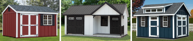 Collage of three more storage shed and garage buildings with LP Board N Batten siding in various color schemes