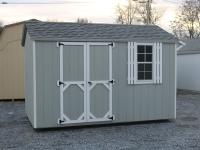 Pine Creek 8x12 Madison Peak with Light Gray walls, White trim and White shutters, and Oyster Gray shingles