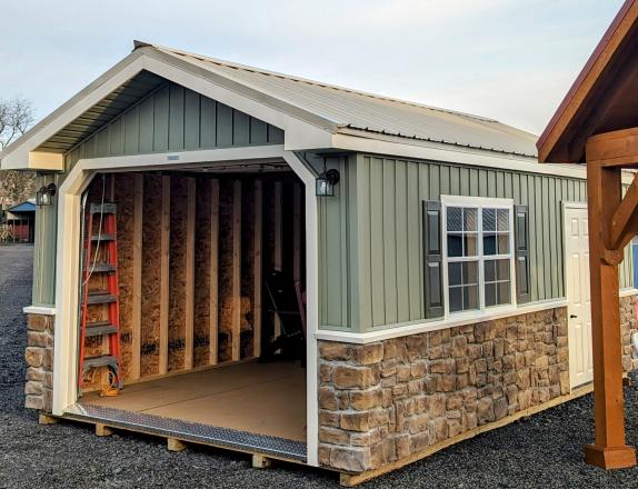 12x20 Peak Garage Meadow Green Vinyl Board and Batten Siding with Cobble Stone on Eave Side