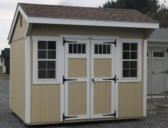 Pine Creek 8x10 Cottage with Beige walls, White trim and, Barkwood shingles